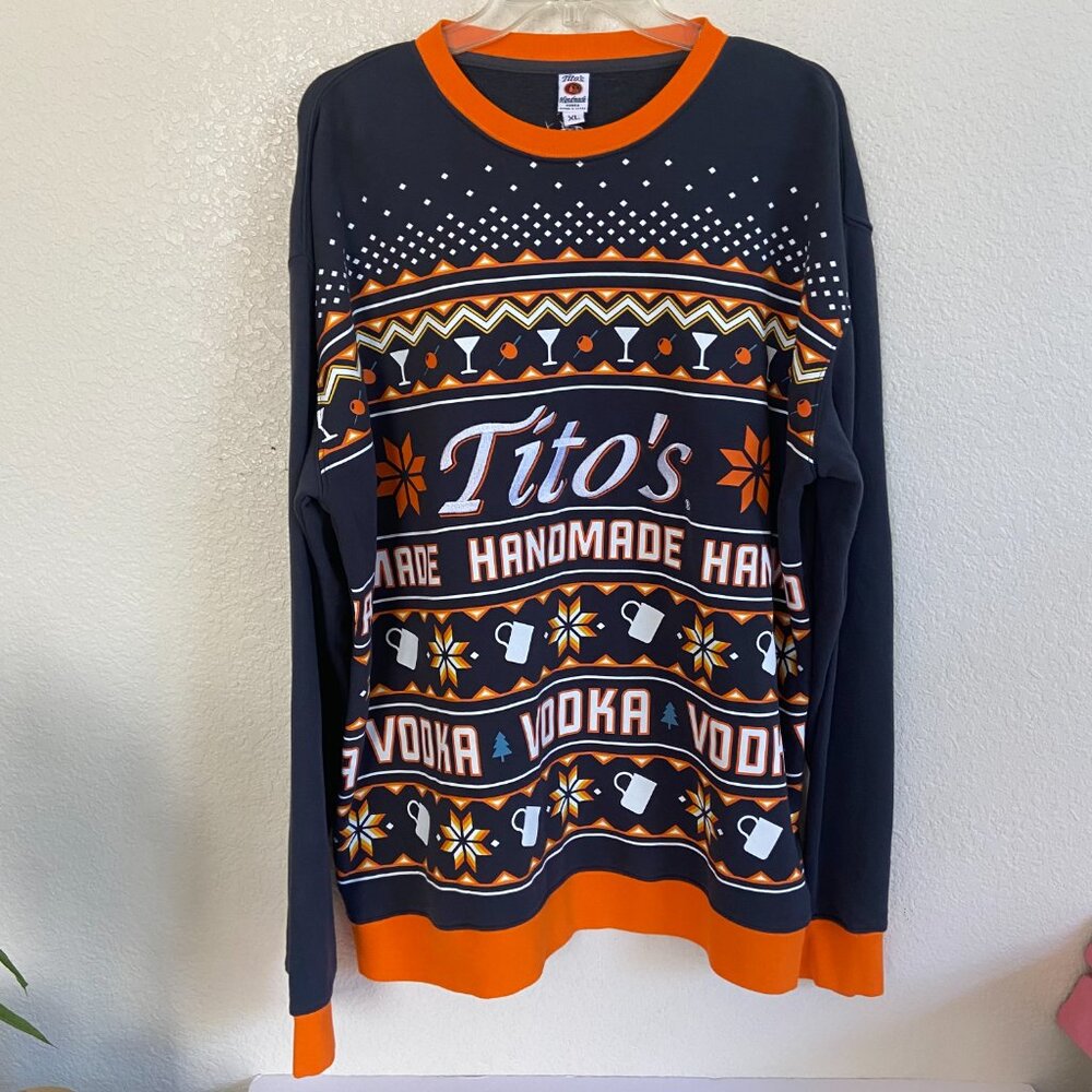 Titos XL Ugly Christmas Sweater Cotton - Handmade Vodka - Embroidered Pullover